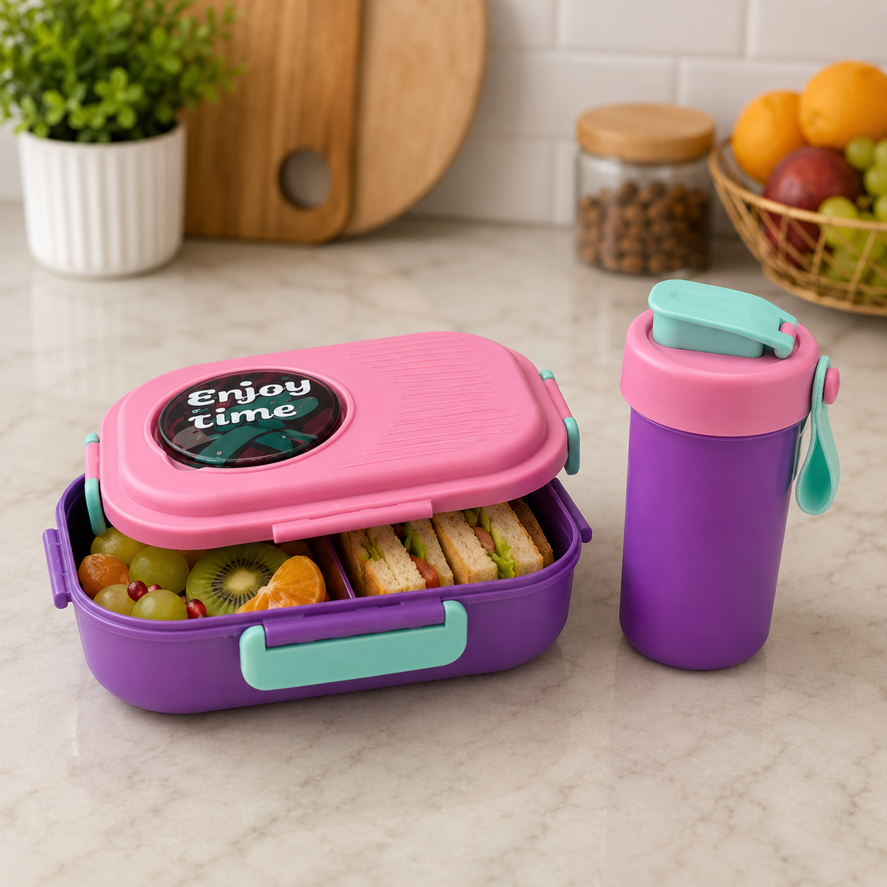 Kids Lunch Box & Water Bottle Set Pink, Purple(YM2504)