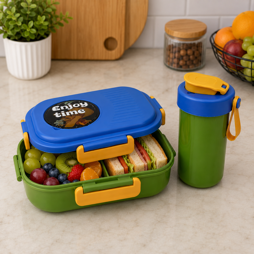 Green, Blue Kids Lunch Box & Water Bottle Set (YM2504)