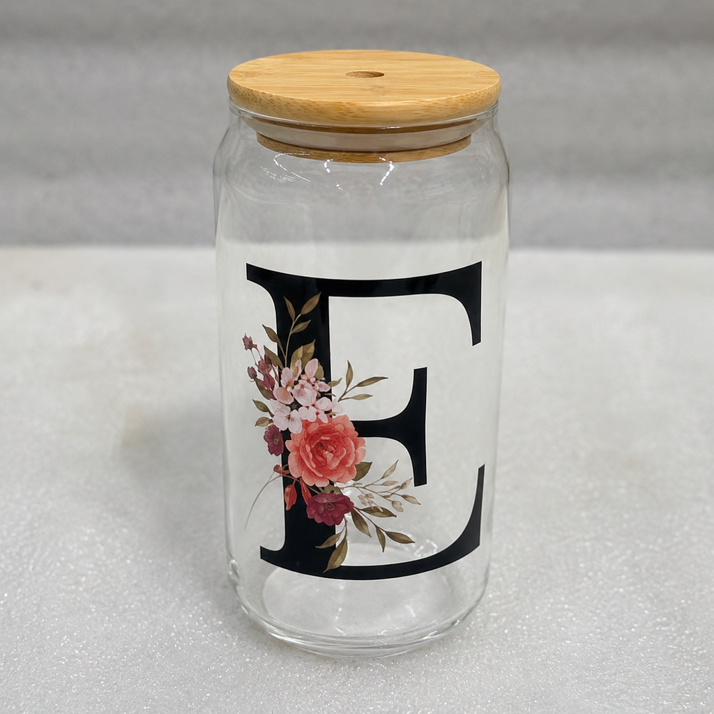 Premium Floral Glass Sipper Bottle with Bamboo Lid (YM1539)
