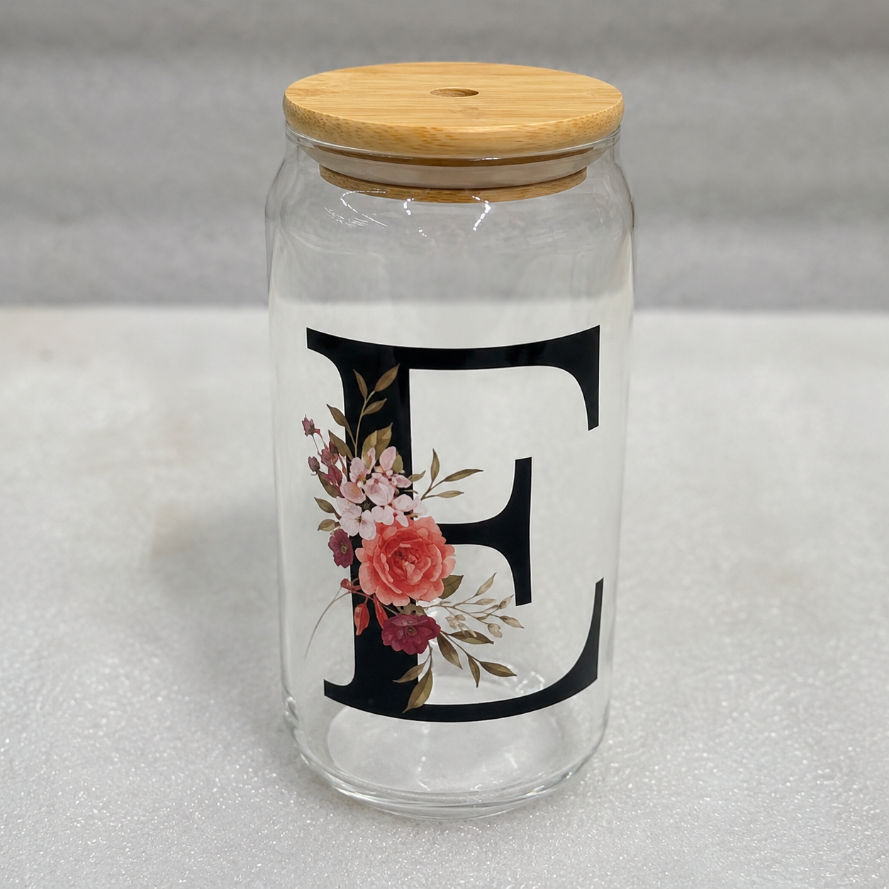 Premium Floral Glass Sipper Bottle with Bamboo Lid (YM1539)