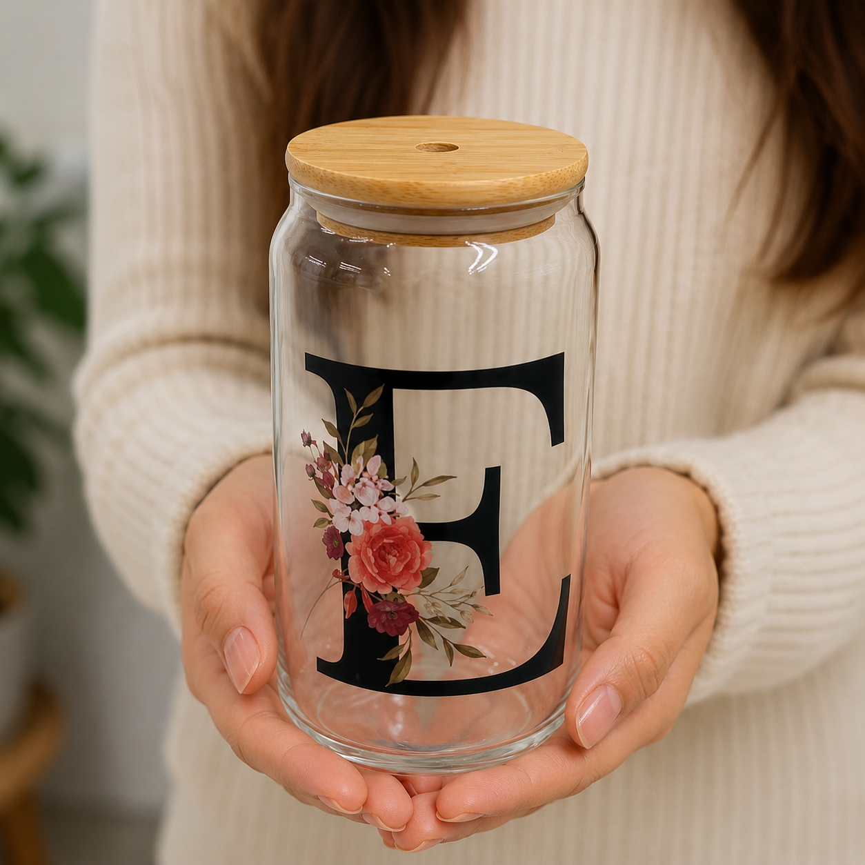 Premium Floral Glass Sipper Bottle with Bamboo Lid (YM1539)