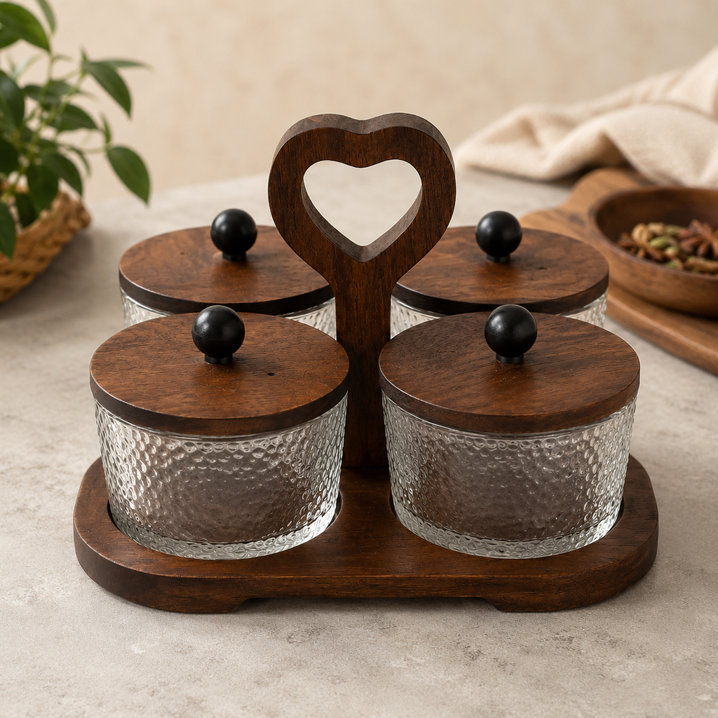 4-Piece Hammered Glass Condiment Jar Set with Wooden Tray (YM400)