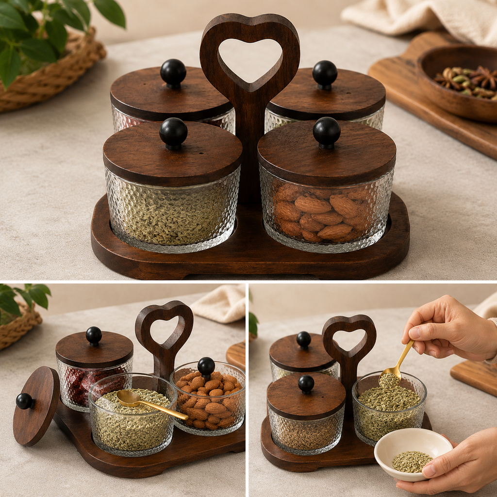 4-Piece Hammered Glass Condiment Jar Set with Wooden Tray (YM400)