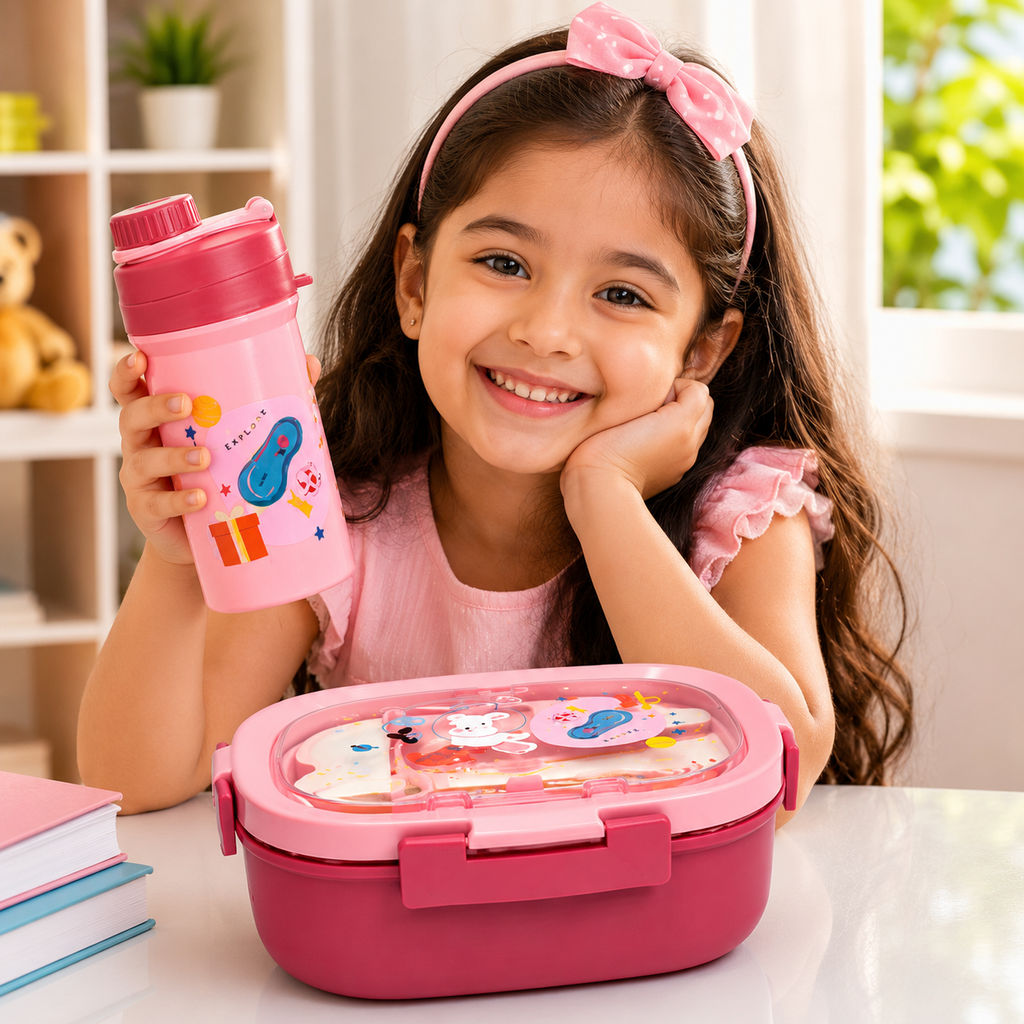 Kids Pink Lunch Box with Water Bottle Set (YM2507)
