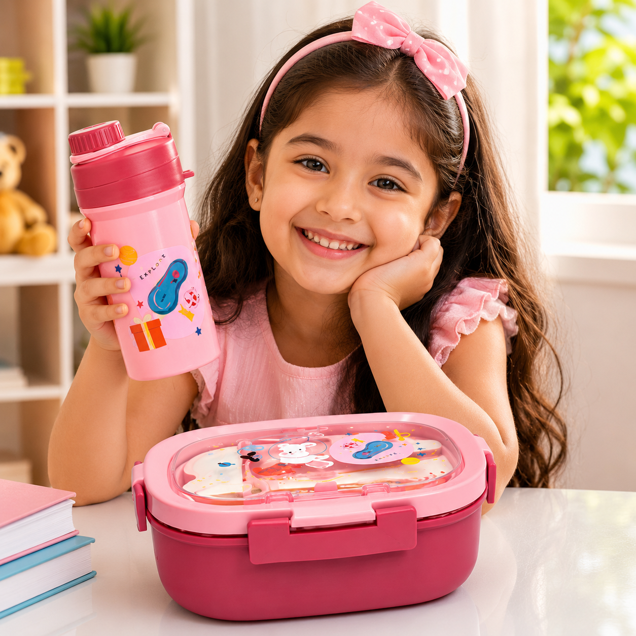 Kids Pink Lunch Box with Water Bottle Set (YM2507)