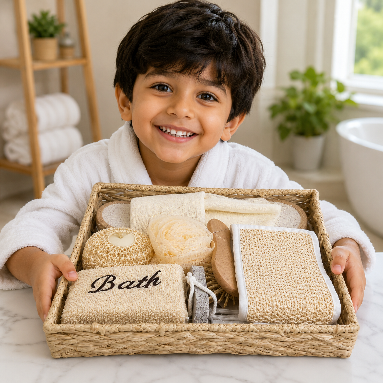 Luxury Beige Bath Gift Set in Woven Basket (YM748)