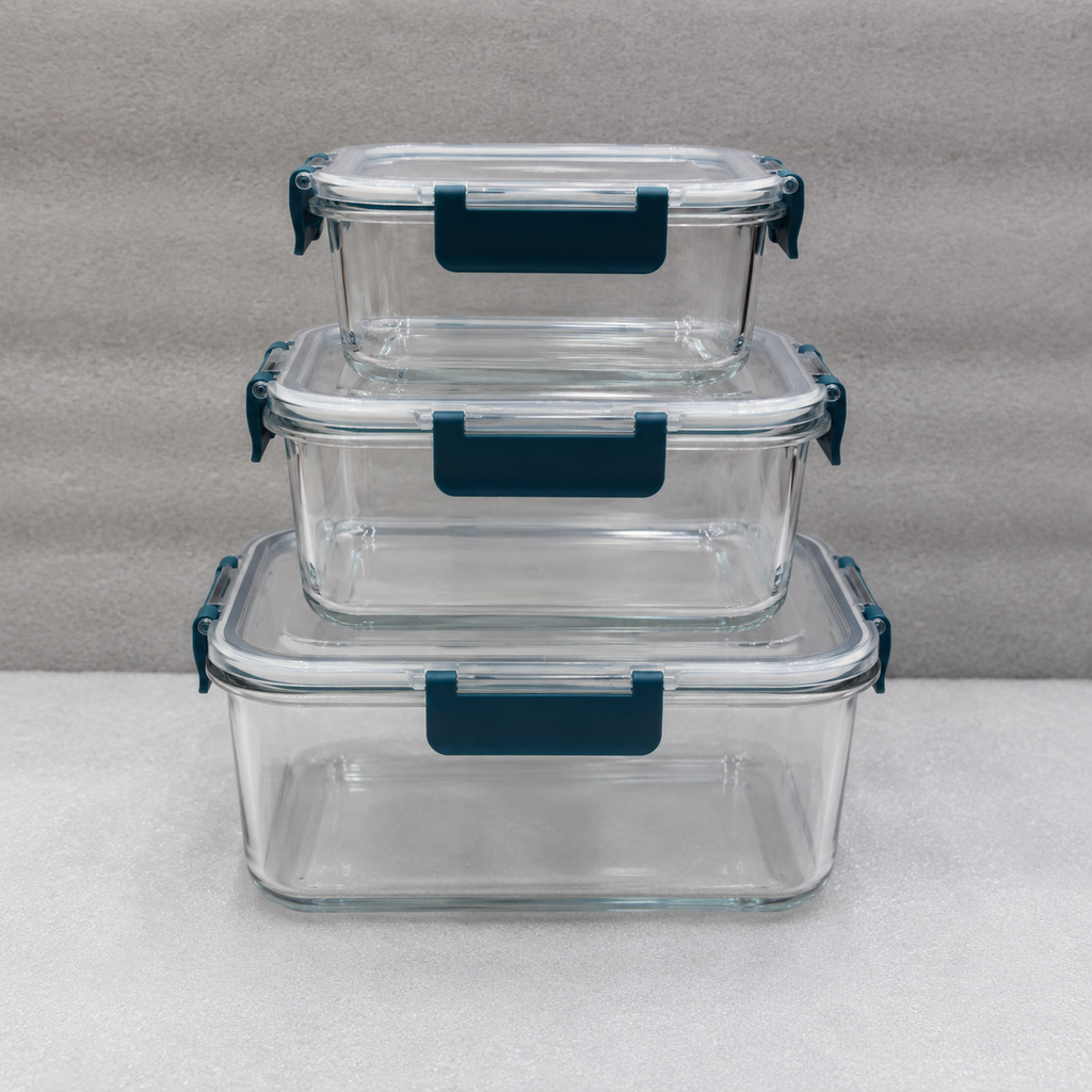 3-Piece Rectangular Glass Food Storage Container Set with Teal Lids (YM326)