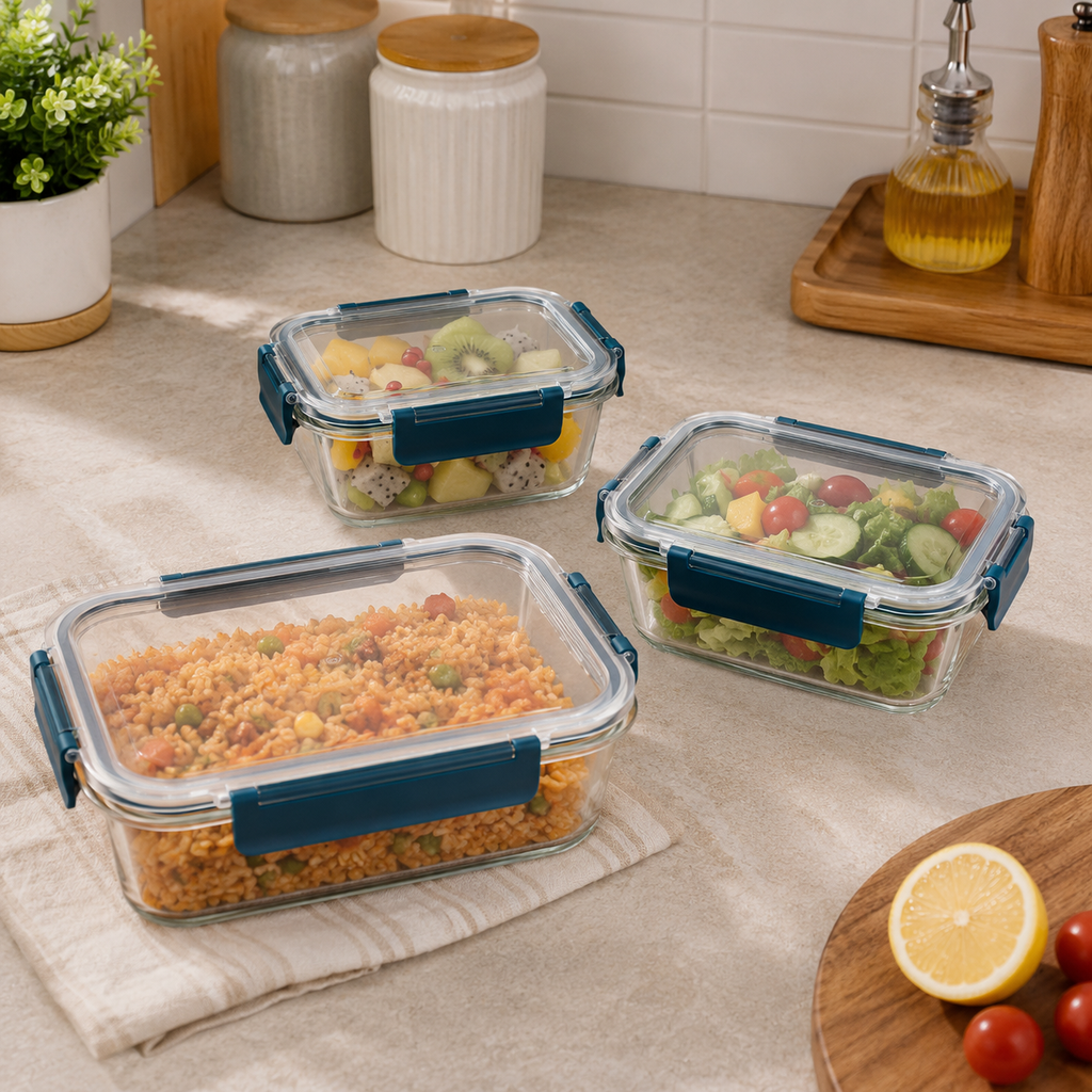 3-Piece Rectangular Glass Food Storage Container Set with Teal Lids (YM326)