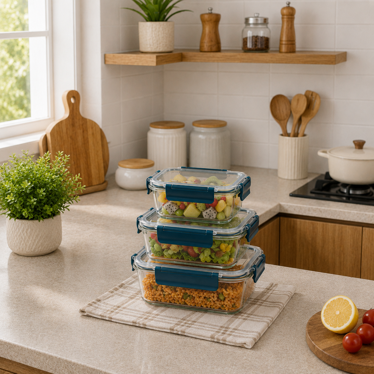 3-Piece Rectangular Glass Food Storage Container Set with Teal Lids (YM326)
