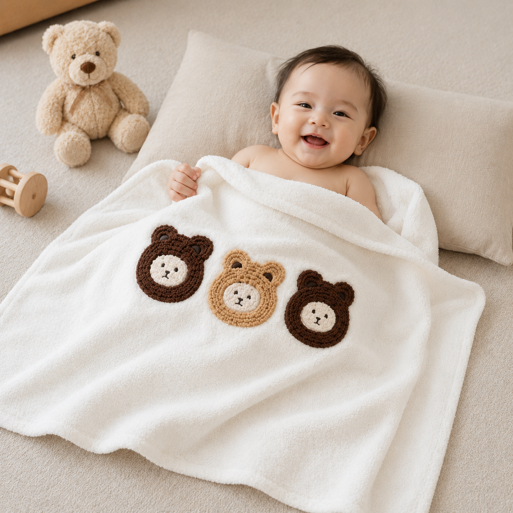 Kids White Soft Towel with Bear Design (YM1212)