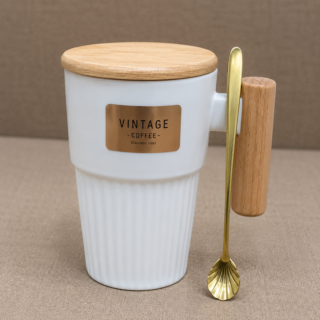 Vintage White Stainless Steel Coffee Mug with Wooden Lid (YM1759)