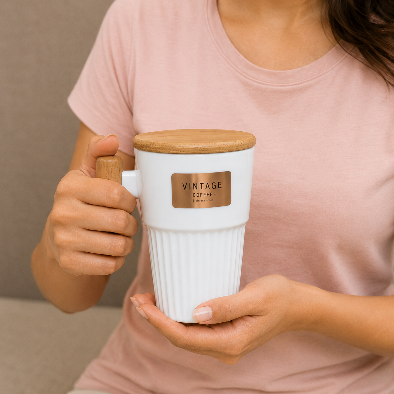 Vintage White Stainless Steel Coffee Mug with Wooden Lid (YM1759)