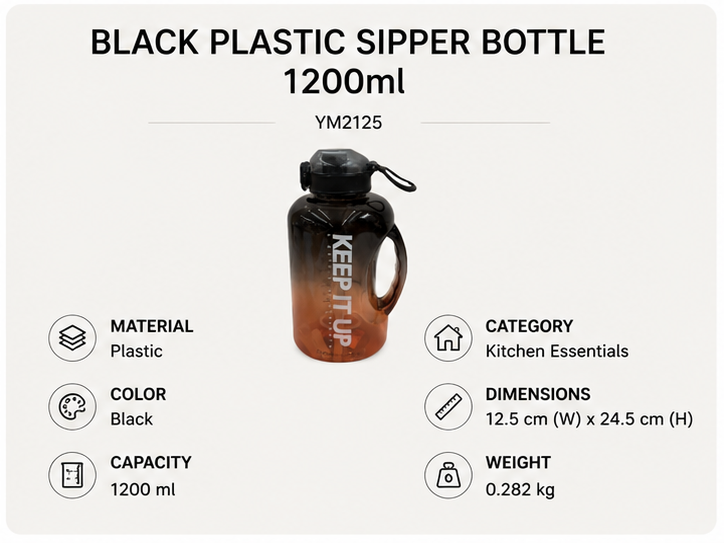 Black Plastic Sipper Bottle 1200ml (YM2125)