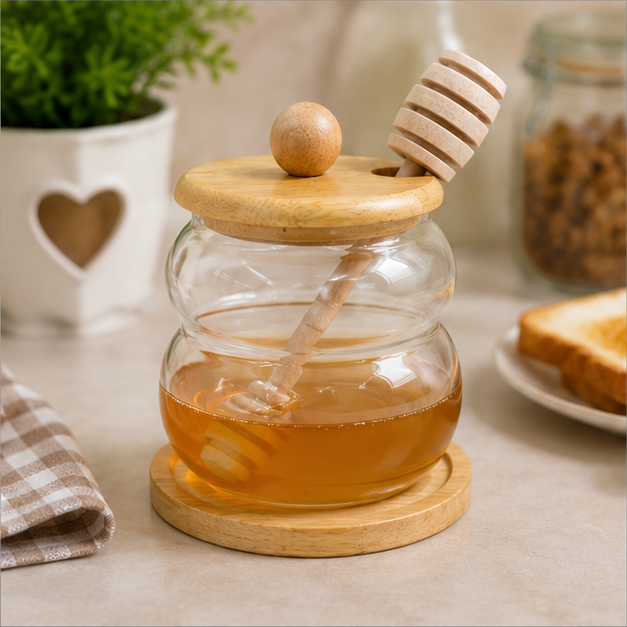 Glass Honey Jar with Wooden Dipper and Lid (YM2445)