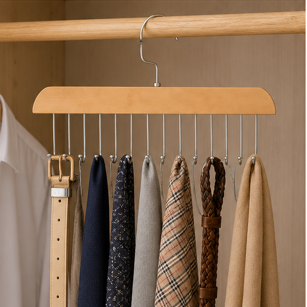 Beige Wooden Hanger with Multiple Metal Hooks (YM440)