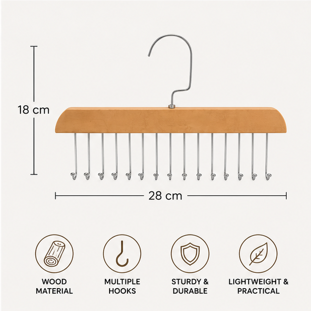 Beige Wooden Hanger with Multiple Metal Hooks (YM440)