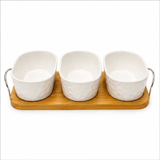 White Ceramic Bowl Set with Wooden Serving Tray (YM388)