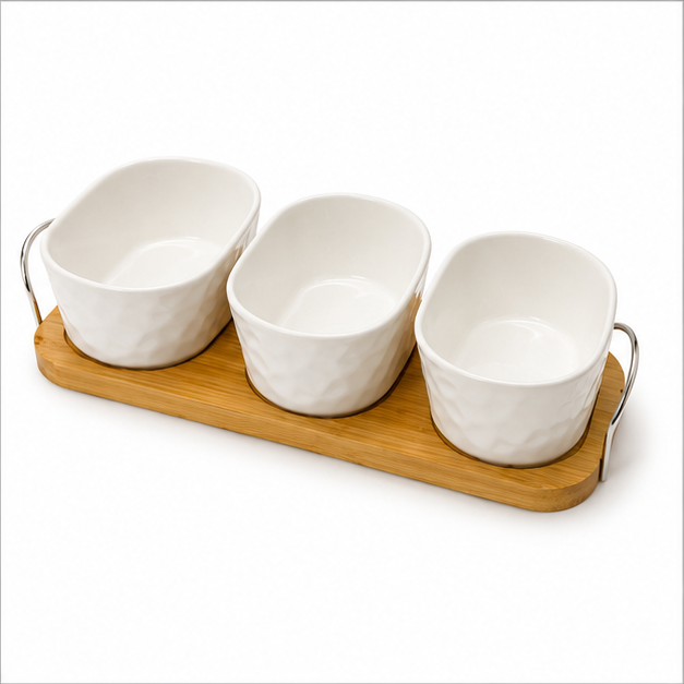White Ceramic Bowl Set with Wooden Serving Tray (YM388)