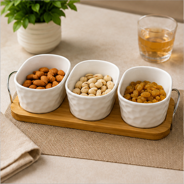 White Ceramic Bowl Set with Wooden Serving Tray (YM388)