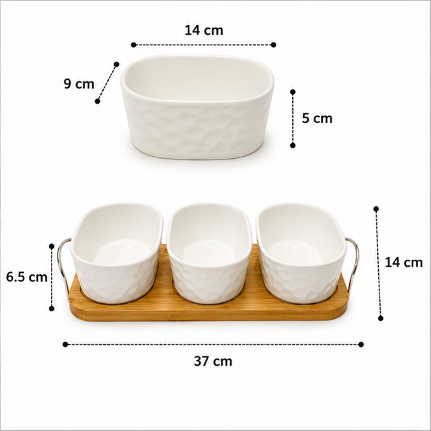 White Ceramic Bowl Set with Wooden Serving Tray (YM388)
