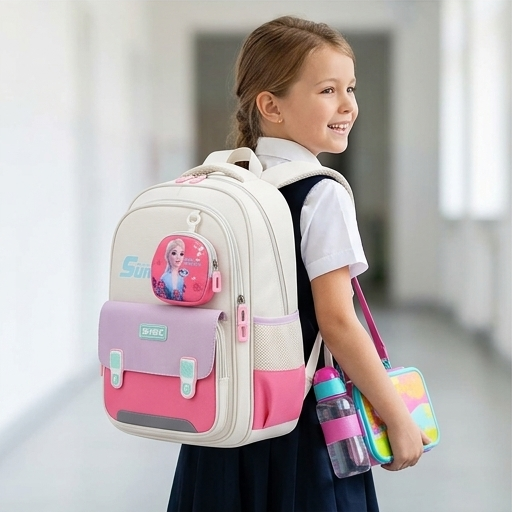 Kids Beige Backpack with Cartoon Front Pocket (YM1177)