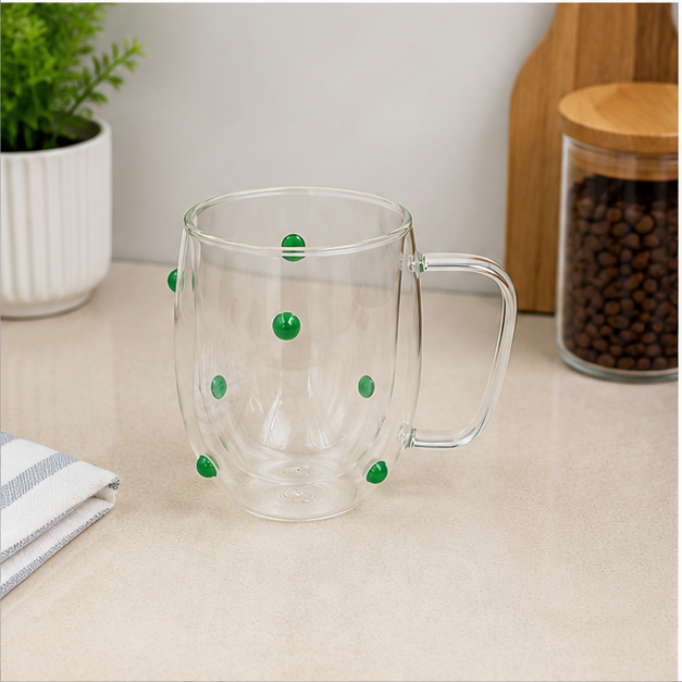 Green Dotted Glass Cup for Daily Beverages (YM1691)