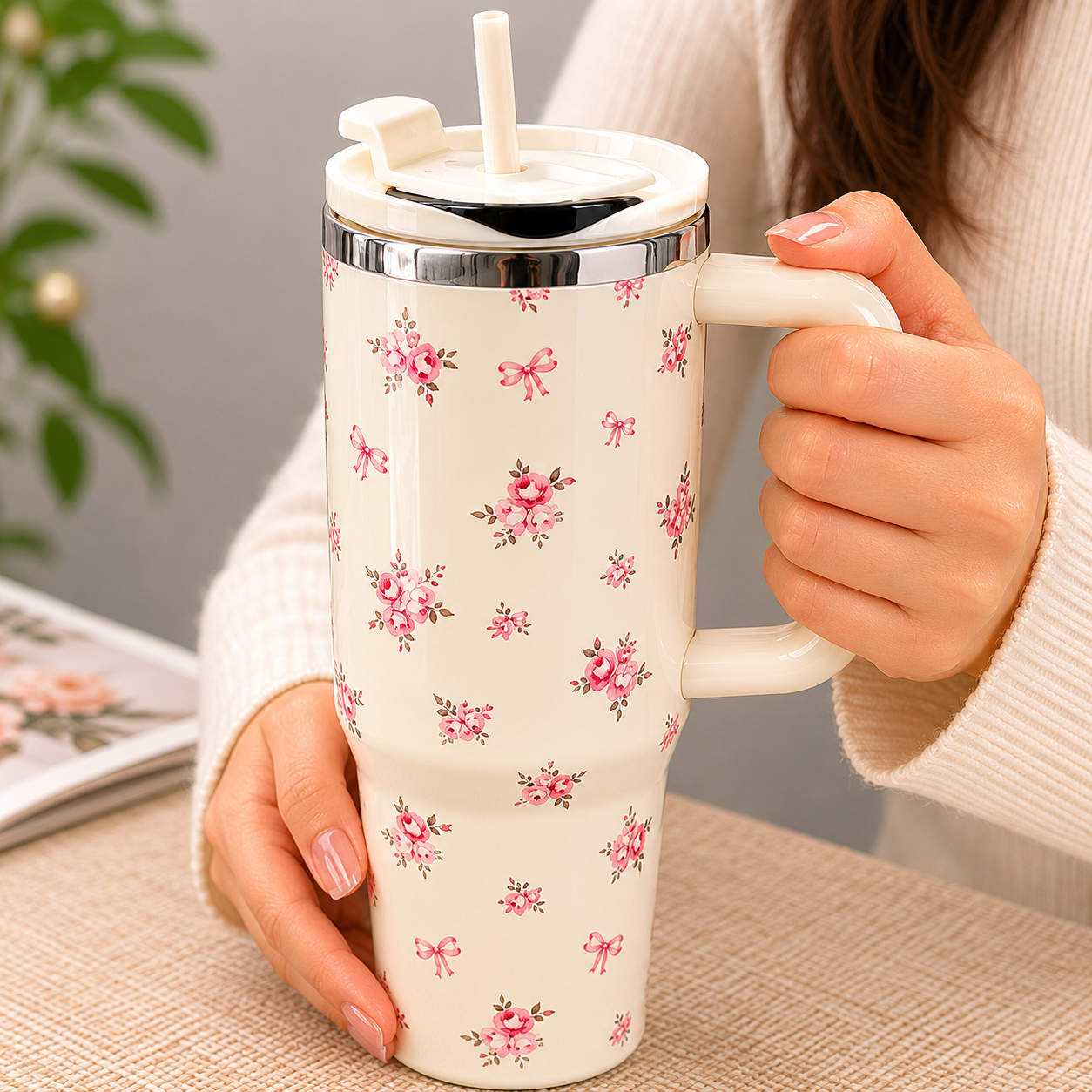 Floral Printed Stainless Steel Travel Tumbler with Handle & Straw Lid(YM1620)