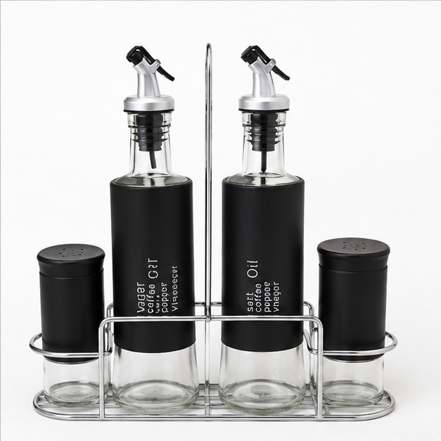 Black Glass Seasoning Jar Set with Stand (YM079)