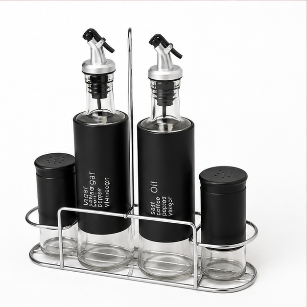 Black Glass Seasoning Jar Set with Stand (YM079)