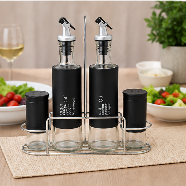 Black Glass Seasoning Jar Set with Stand (YM079)