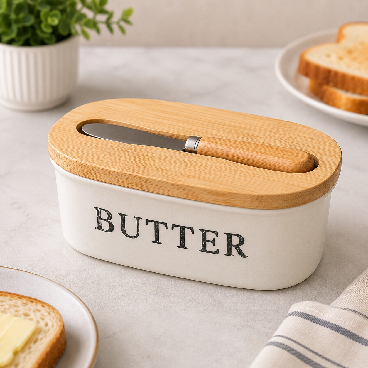 Vintage Ceramic Butter Dish with Wooden Lid & Butter Knife (YM2461)