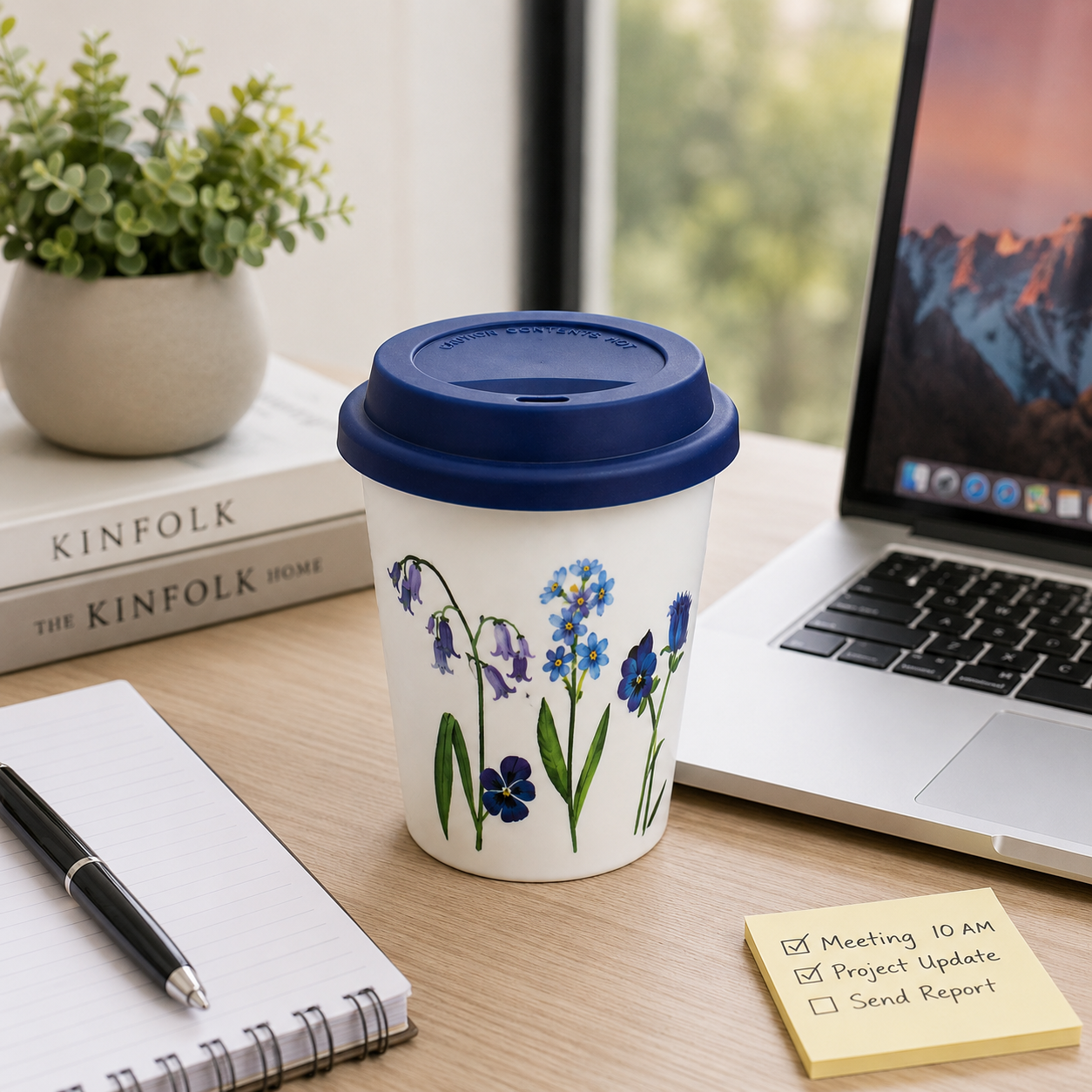 Floral Coffee Tumbler with Lid – Dark Blue (YM2856)