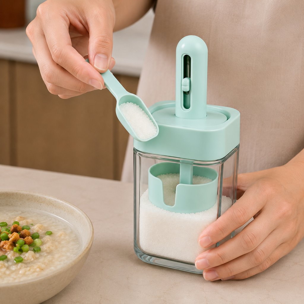 Green Glass Square Storage Jar with Scoop(YM1261)