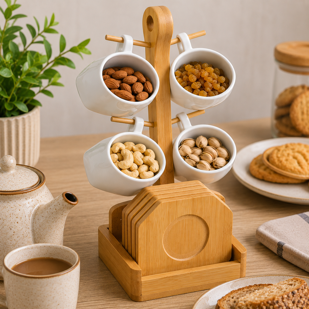 Ceramic Condiment Bowl Set with Wooden Stand  (YM2462)