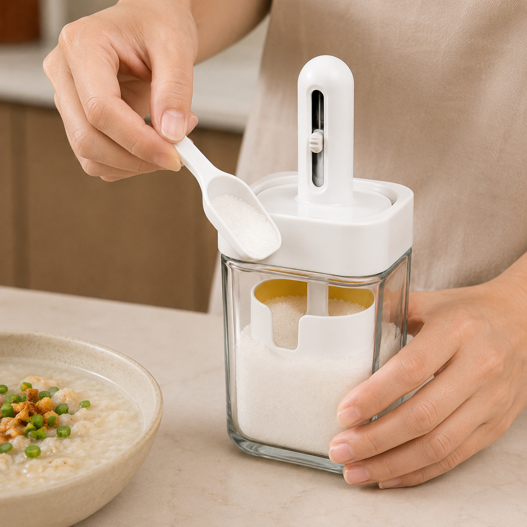 White Glass Square Storage Jar with Scoop(YM1261)
