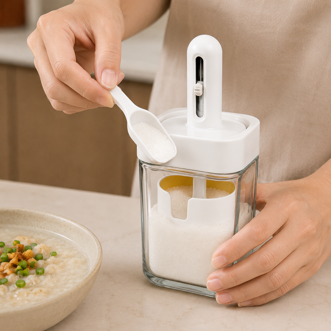 White Glass Square Storage Jar with Scoop(YM1261)