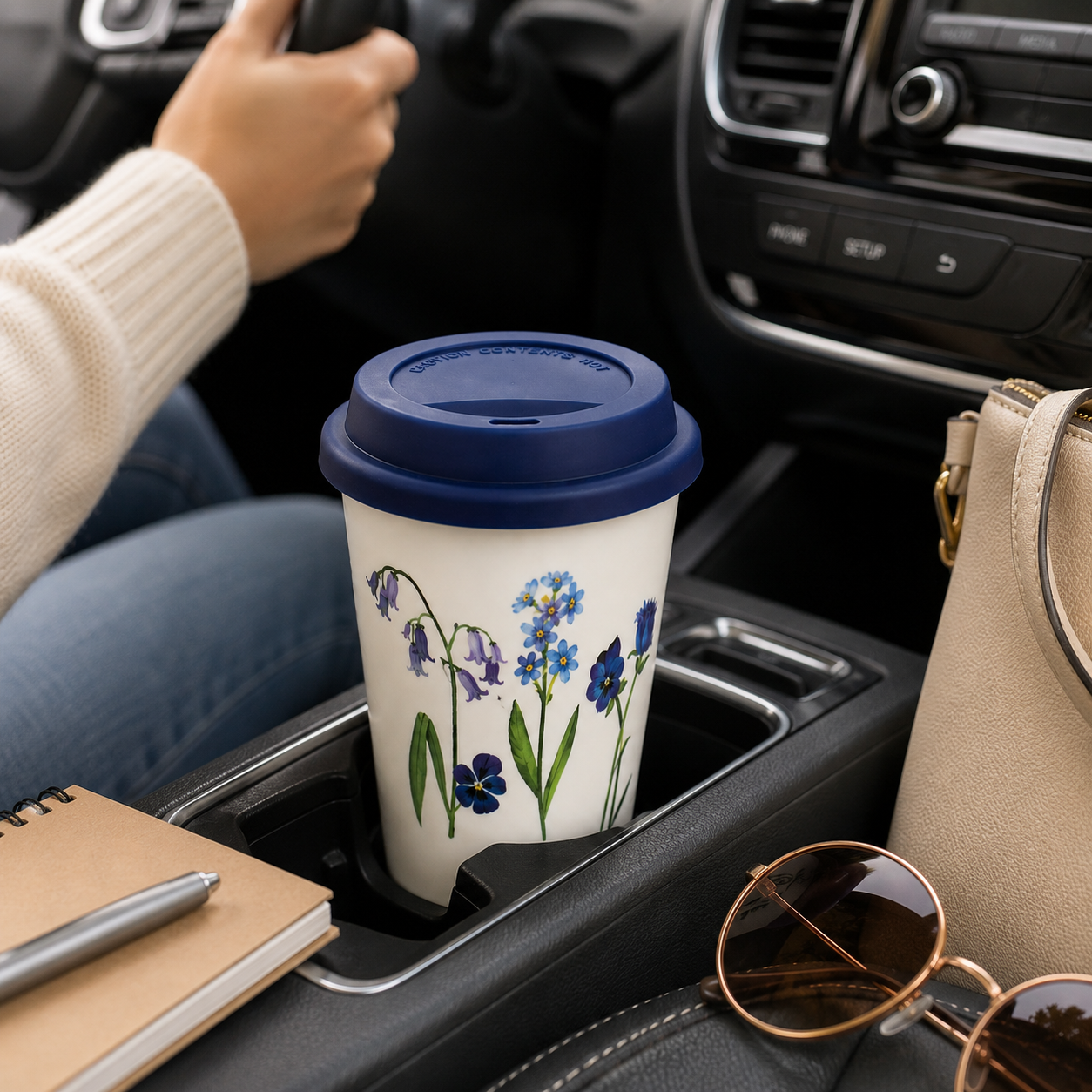 Floral Coffee Tumbler with Lid – Dark Blue (YM2856)