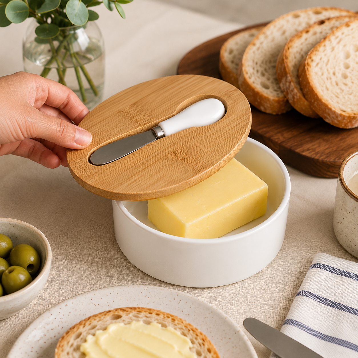 Ceramic Butter Box with Wooden Lid (YM2460)