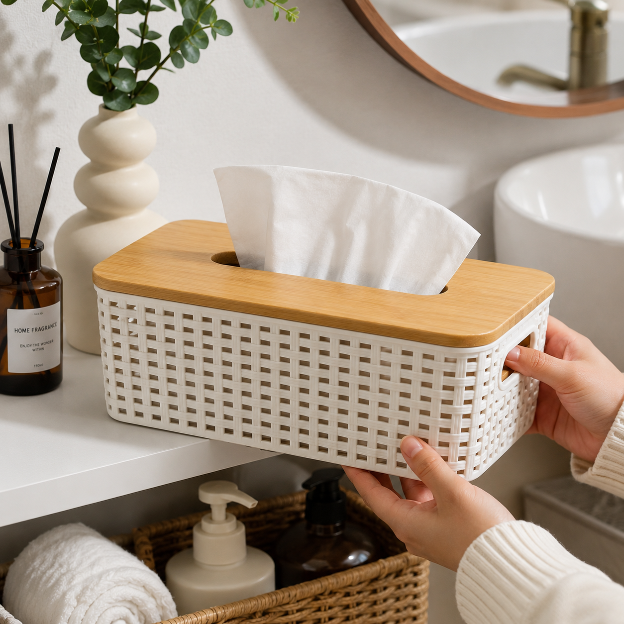 Plastic Woven Tissue Box Holder with Bamboo Lid(YM497)