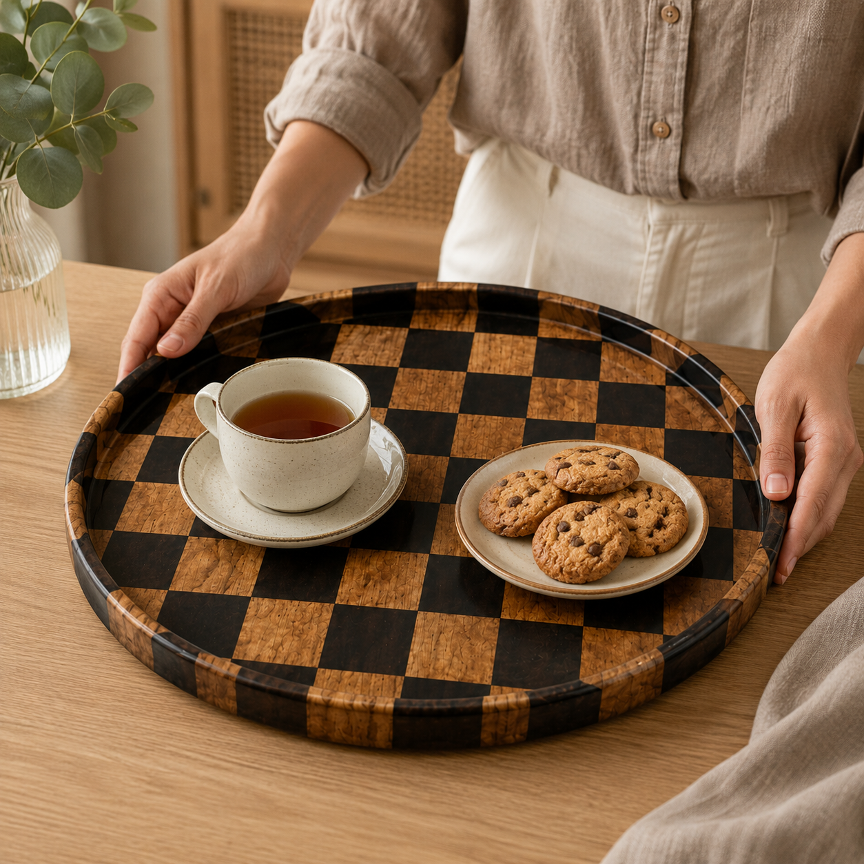 Round Chequered  Wooden Tray(YM2427)