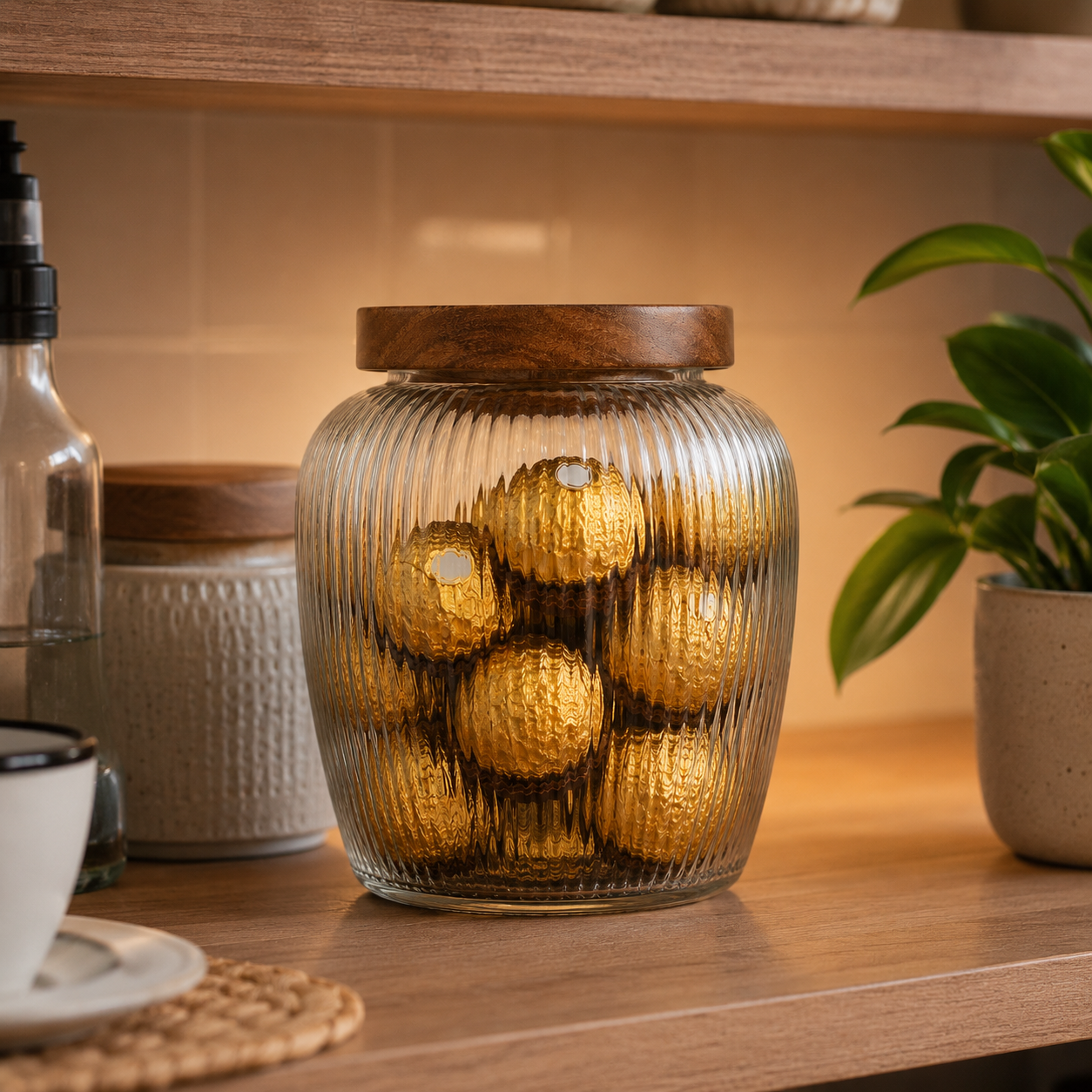 Ribbed Glass Candy Storage Jar with Wooden Lid(YM2465)