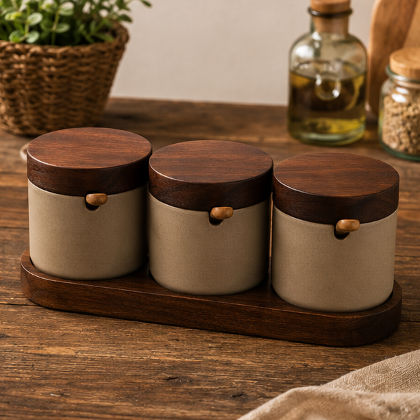 Ceramic Seasoning Jar Set with Plate & Spoons (YM2400)