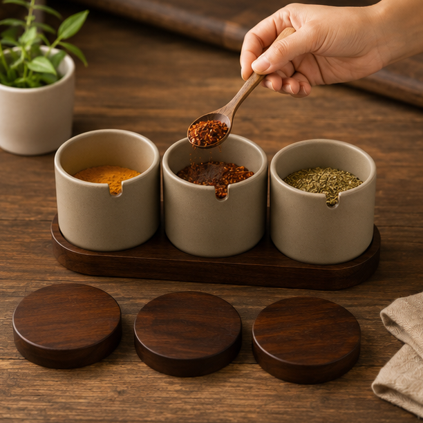 Ceramic Seasoning Jar Set with Plate & Spoons (YM2400)