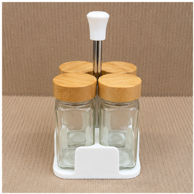 4 Jar Glass Spice Storage Set with Wooden Lids (YM073)