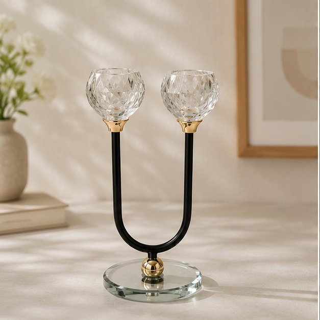 Modern Double Candle Holder with Crystal Tops & Black Metal Stand (YM2270)