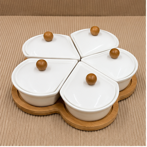 White Ceramic Serving Bowl Set with Wooden Tray (YM391)