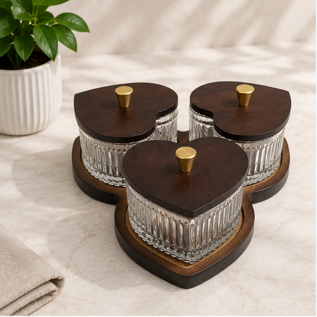 Glass Condiment Jar Set with Wooden Tray - Set of 3 (YM2416)