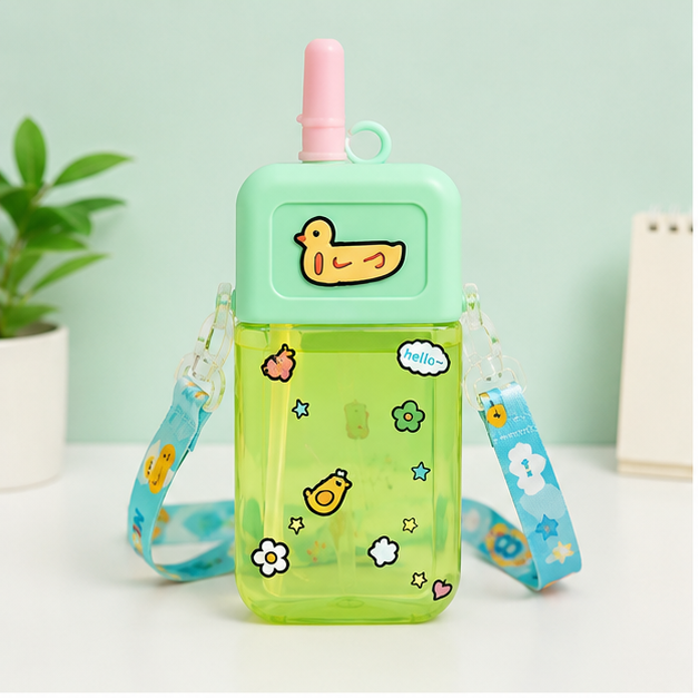 Green Kids Water Bottle with Straw & Carry Strap (YM505)