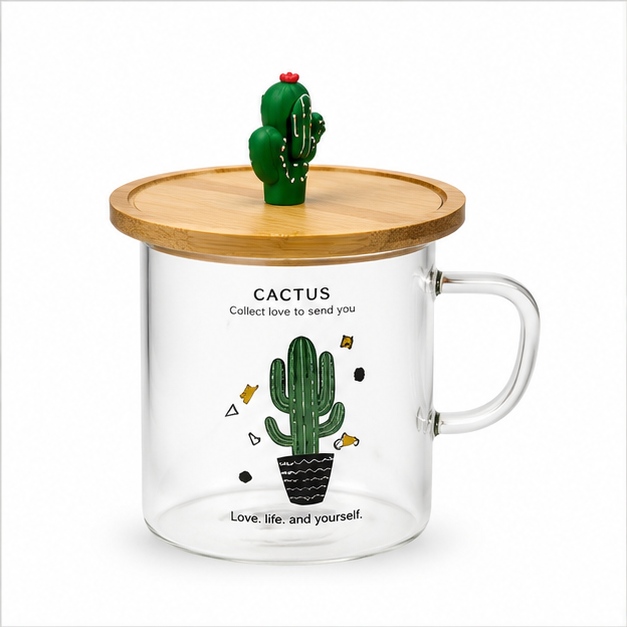 Cactus Theme Glass Cup with Lid (YM1985)