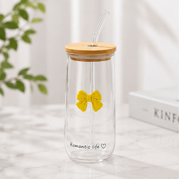 Glass Tumbler with Straw & Yellow Bow Design (YM1543)